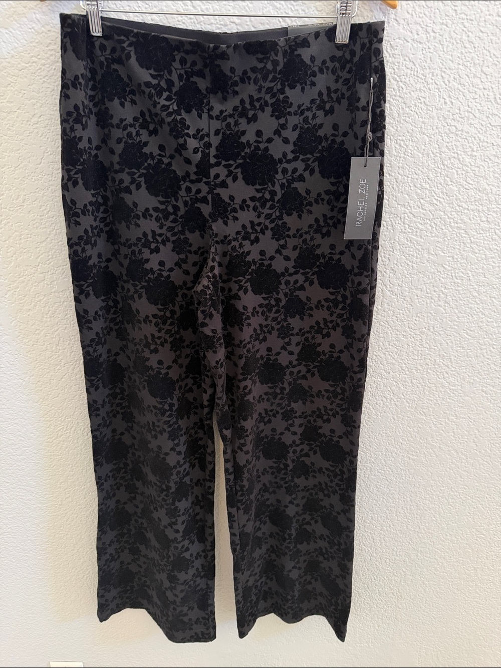 Rachel Zoe Black Velvet Floral Wide Leg Trousers Size Large - Picture 3 of 7